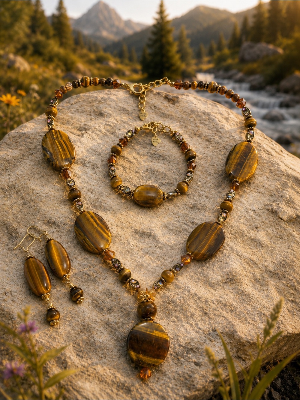Tiger Eye & Crystal Gold Tone Beaded Necklace, Bracelet & Earrings Jewelry Set